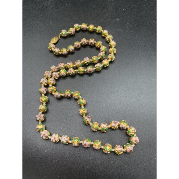 Champleve Cloissone Necklace Long Handknotted Pink Green Gold Red Colorful Beads - Picture 4 of 7